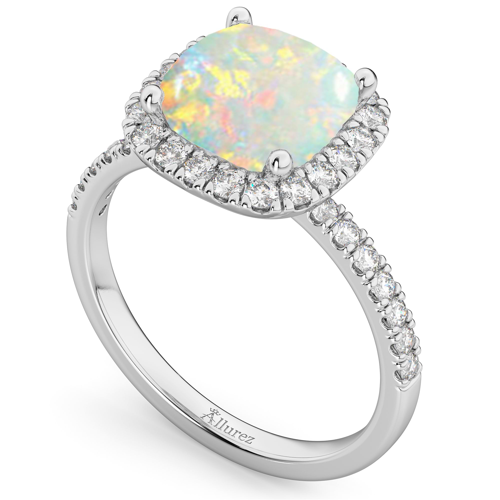 Cushion Cut Halo Opal & Diamond Engagement Ring 14k White Gold