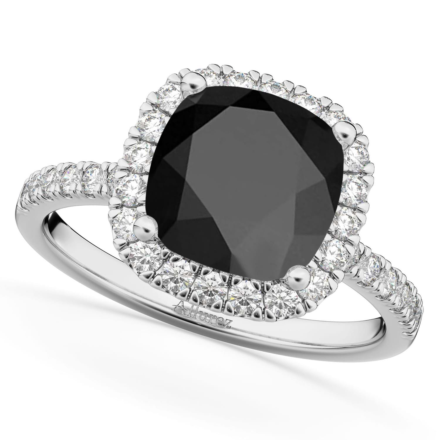 Cushion Cut Halo Black Onyx & Diamond Engagement Ring 14k White Gold  (3.11ct)