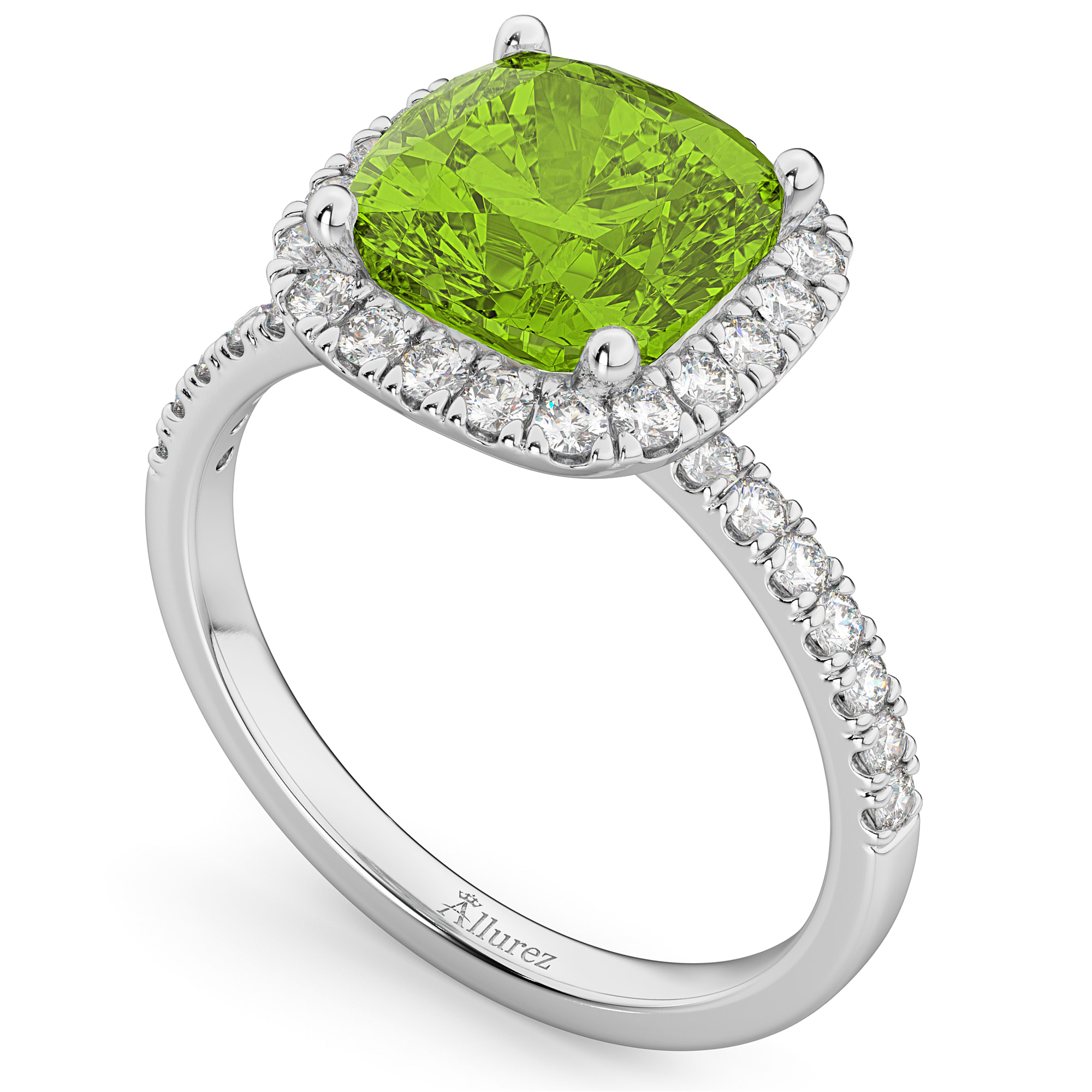 Cushion Cut Halo Peridot & Diamond Engagement Ring 14k White Gold (3.11ct)