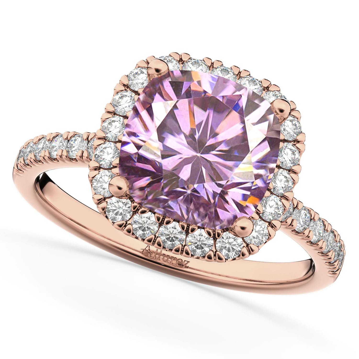Cushion Cut Halo Pink Moissanite & Diamond Engagement Ring 14k Rose Gold (2.66ct)