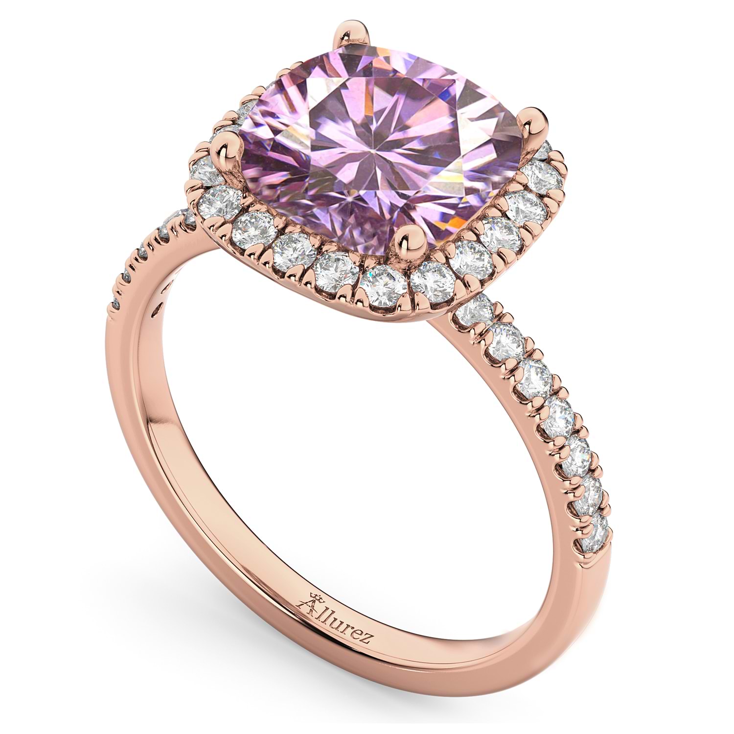 Cushion Cut Halo Pink Moissanite & Diamond Engagement Ring 14k Rose Gold (2.66ct)