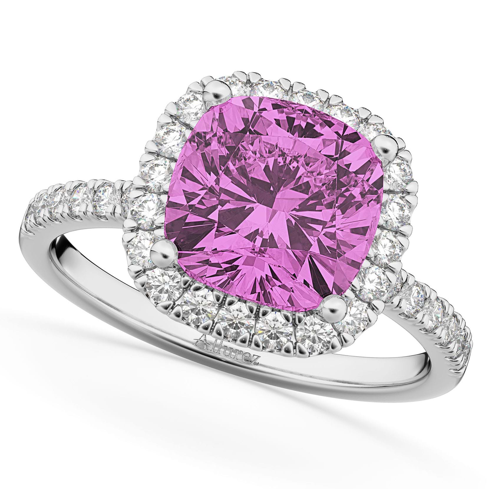 Cushion Cut Halo Pink Sapphire & Diamond Engagement Ring 14k White Gold (3.11ct)