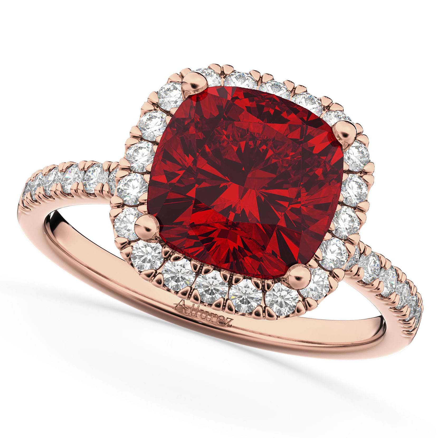 Cushion Cut Halo Ruby & Diamond Engagement Ring 14k Rose Gold (3.11ct)