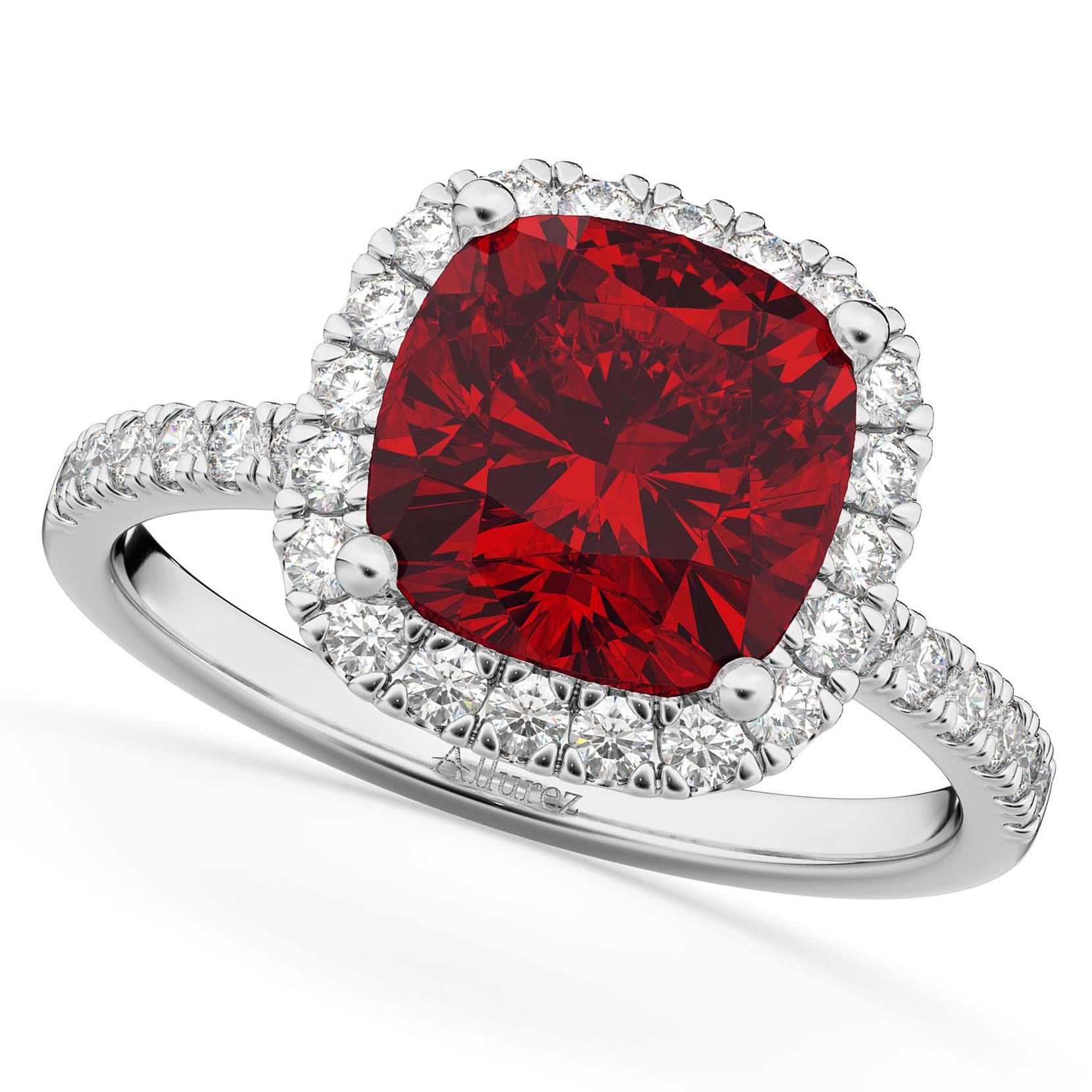 Cushion Cut Halo Ruby & Diamond Engagement Ring 14k White Gold (3.11ct)
