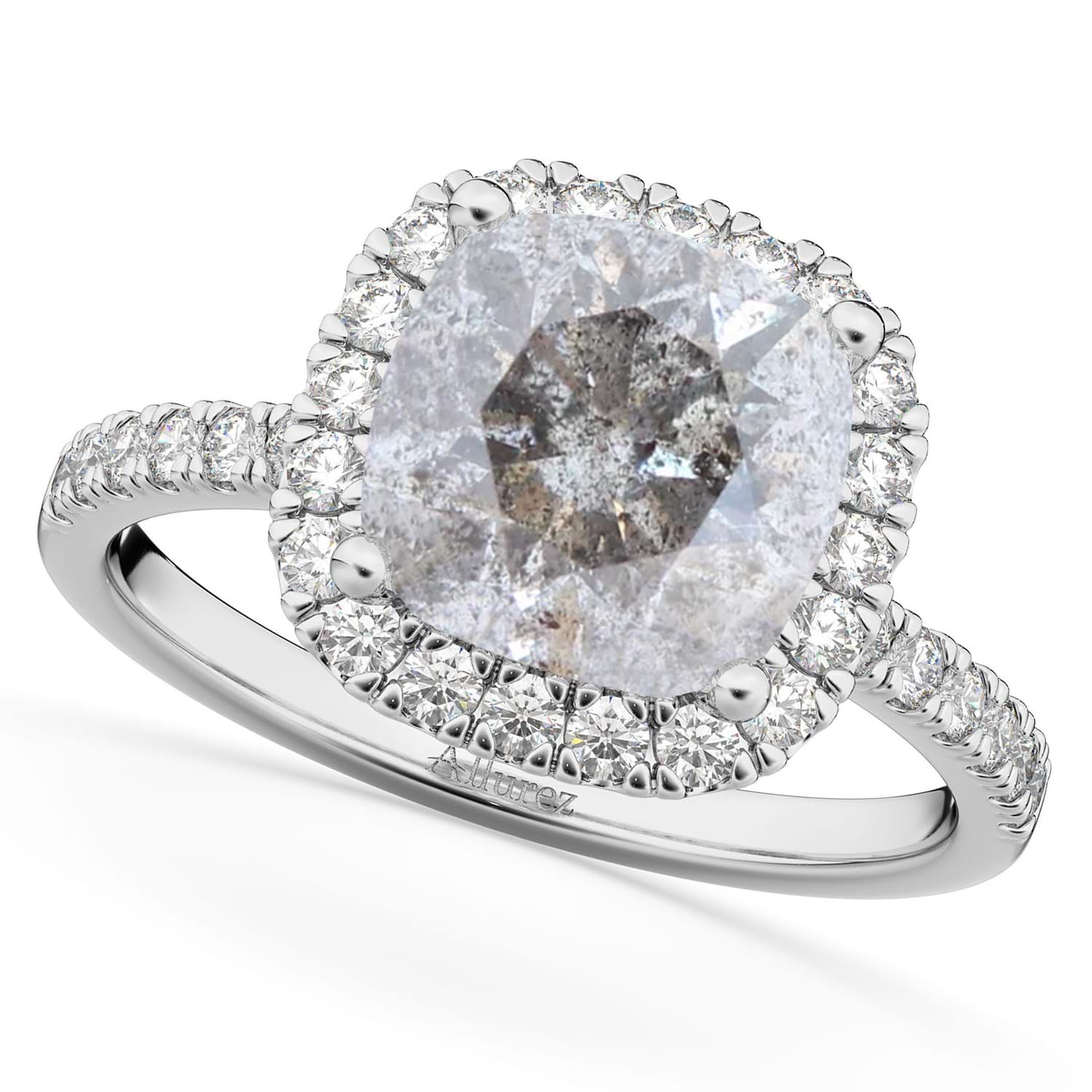 Cushion Cut Salt & Pepper Diamond Engagement Ring 14k White Gold 2.55ct ...
