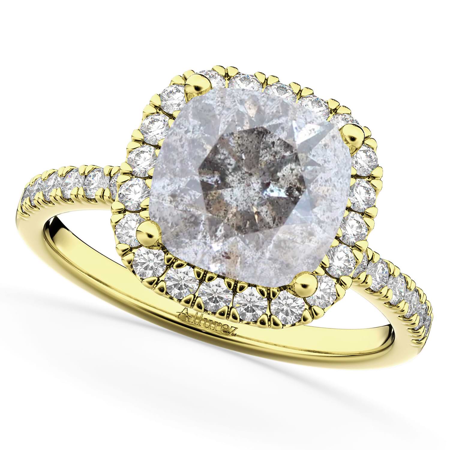 Cushion Cut Salt & Pepper Diamond Engagement Ring 14k Yellow Gold (2.55ct)