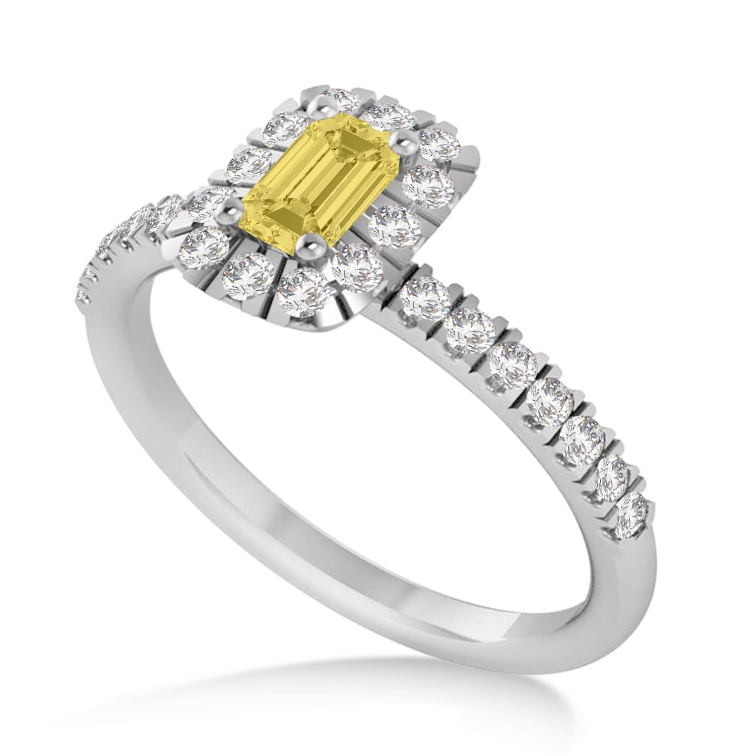 Emerald Yellow & White Diamond Halo Engagement Ring 14k White Gold (0.68ct)