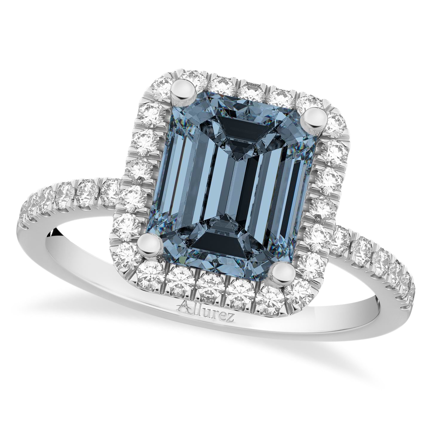 Emerald-Cut Gray Spinel & Diamond Engagement Ring 14k White Gold 3.32ct ...