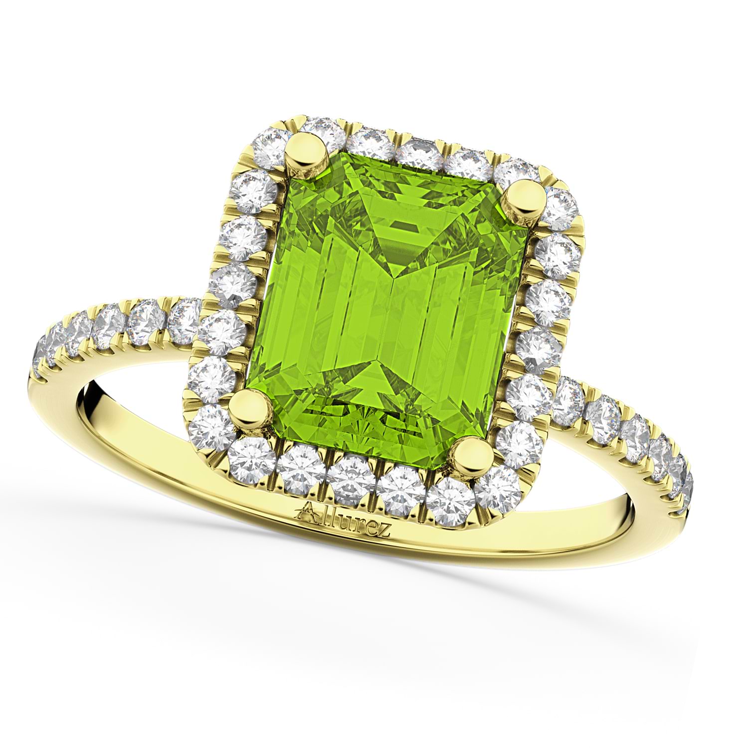Emerald-Cut Peridot Diamond Engagement Ring 18k Yellow Gold (3.32ct)