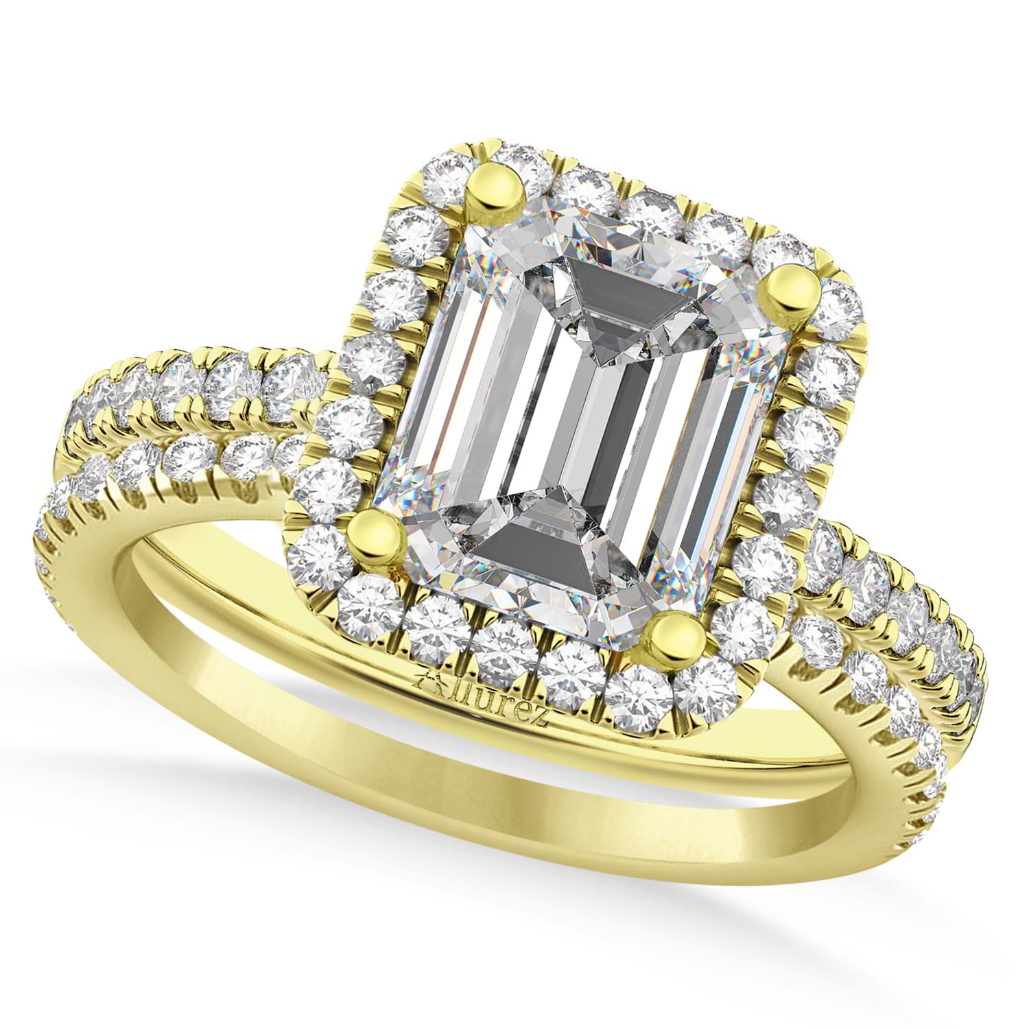 Diamond Emerald-Cut Halo Bridal Set 14k Yellow Gold (3.59ct)