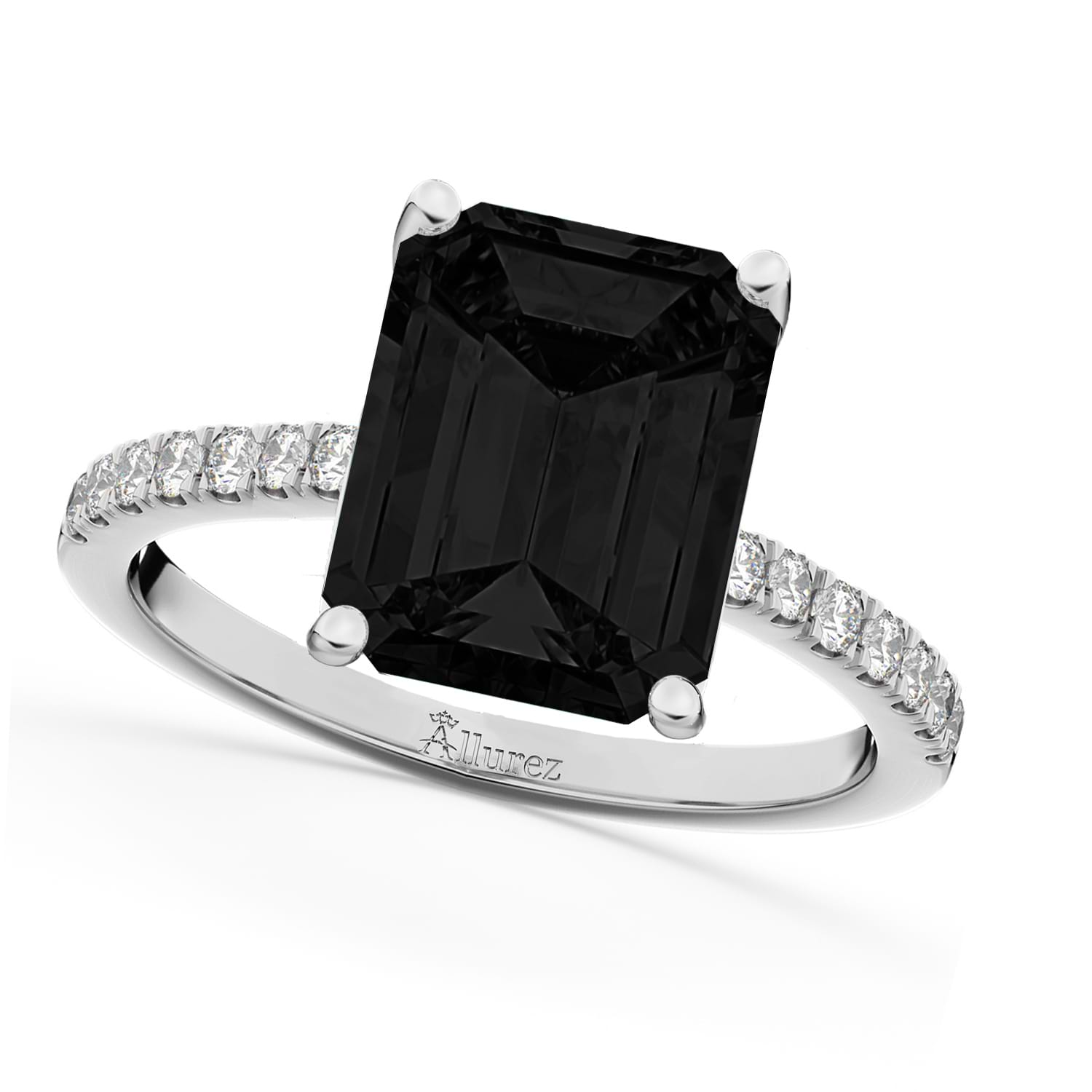 Emerald Cut Black Diamond & Diamond Engagement Ring 14k White Gold