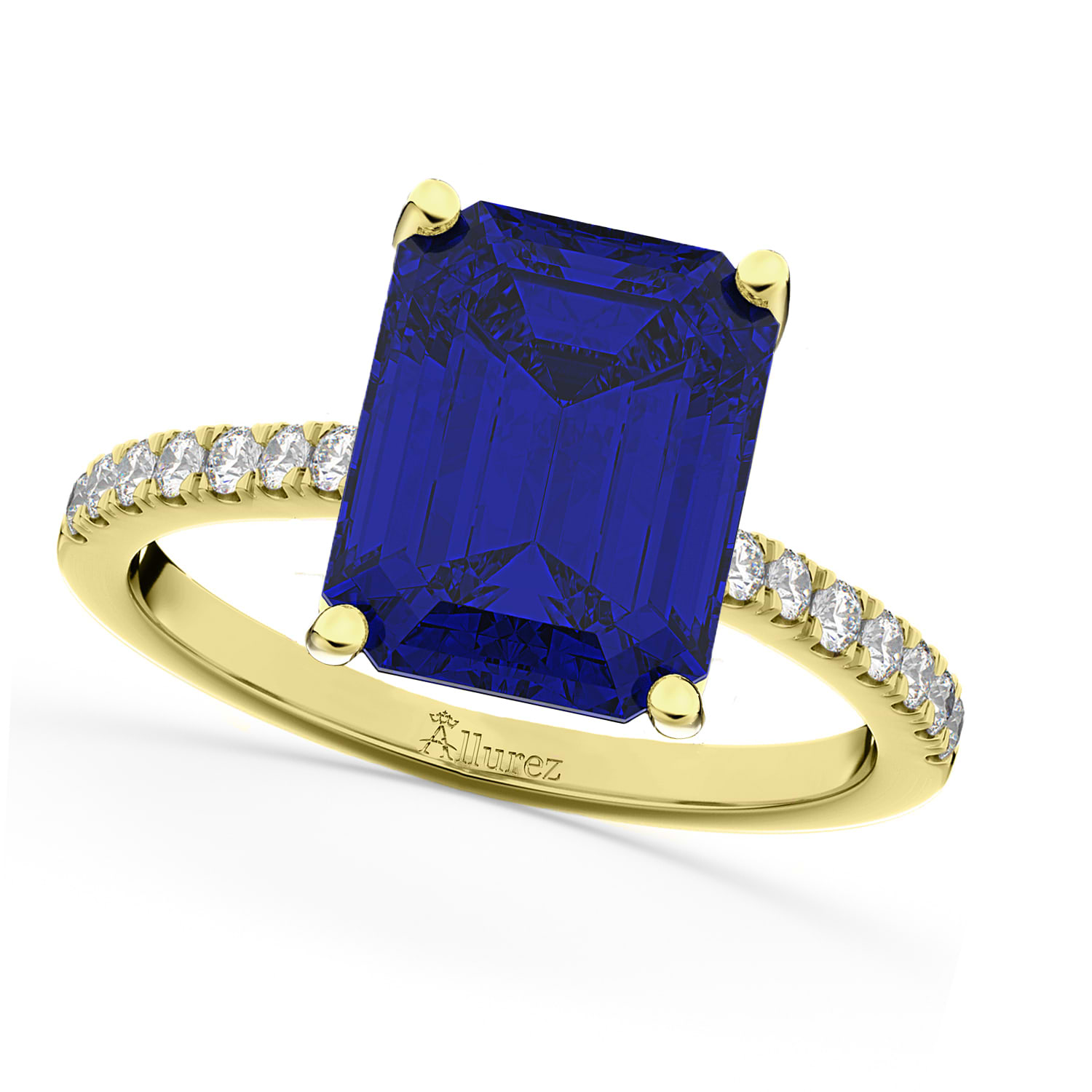Emerald Cut Blue Sapphire & Diamond Engagement Ring 14k Yellow Gold (2.96ct)