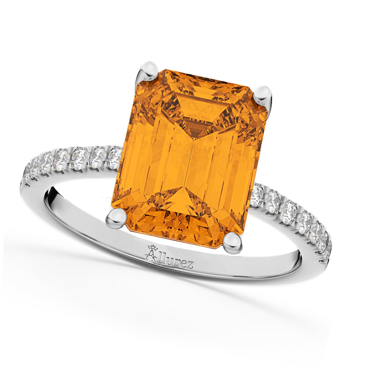 Emerald-Cut Citrine & Diamond Engagement Ring 14k White Gold (2.96ct)