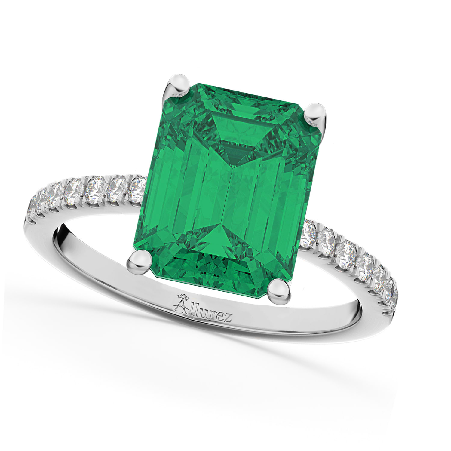 Emerald-Cut Emerald & Diamond Engagement Ring 14k White Gold (2.96ct)