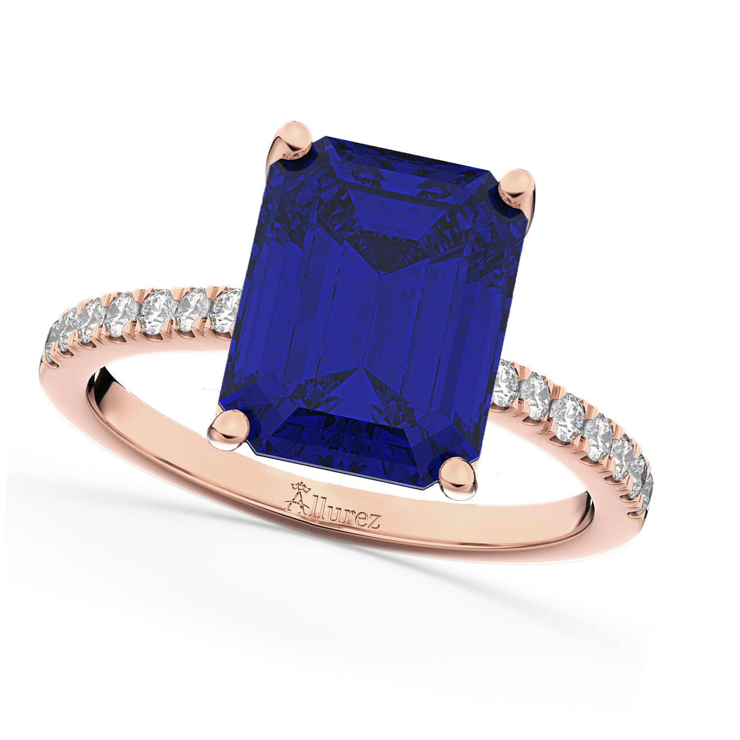 Emerald Cut Lab Blue Sapphire & Diamond Engagement Ring 14k Rose Gold (2.96ct)