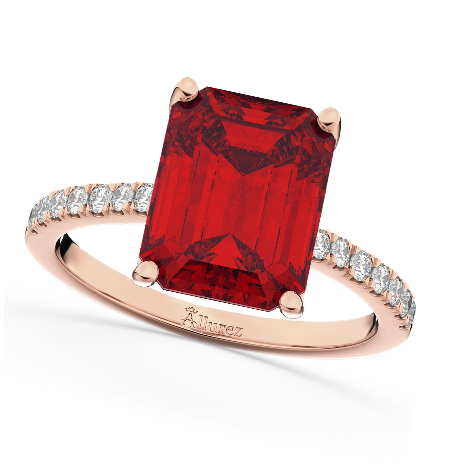 Emerald Cut Lab Ruby & Diamond Engagement Ring 18k Rose Gold (2.96ct)