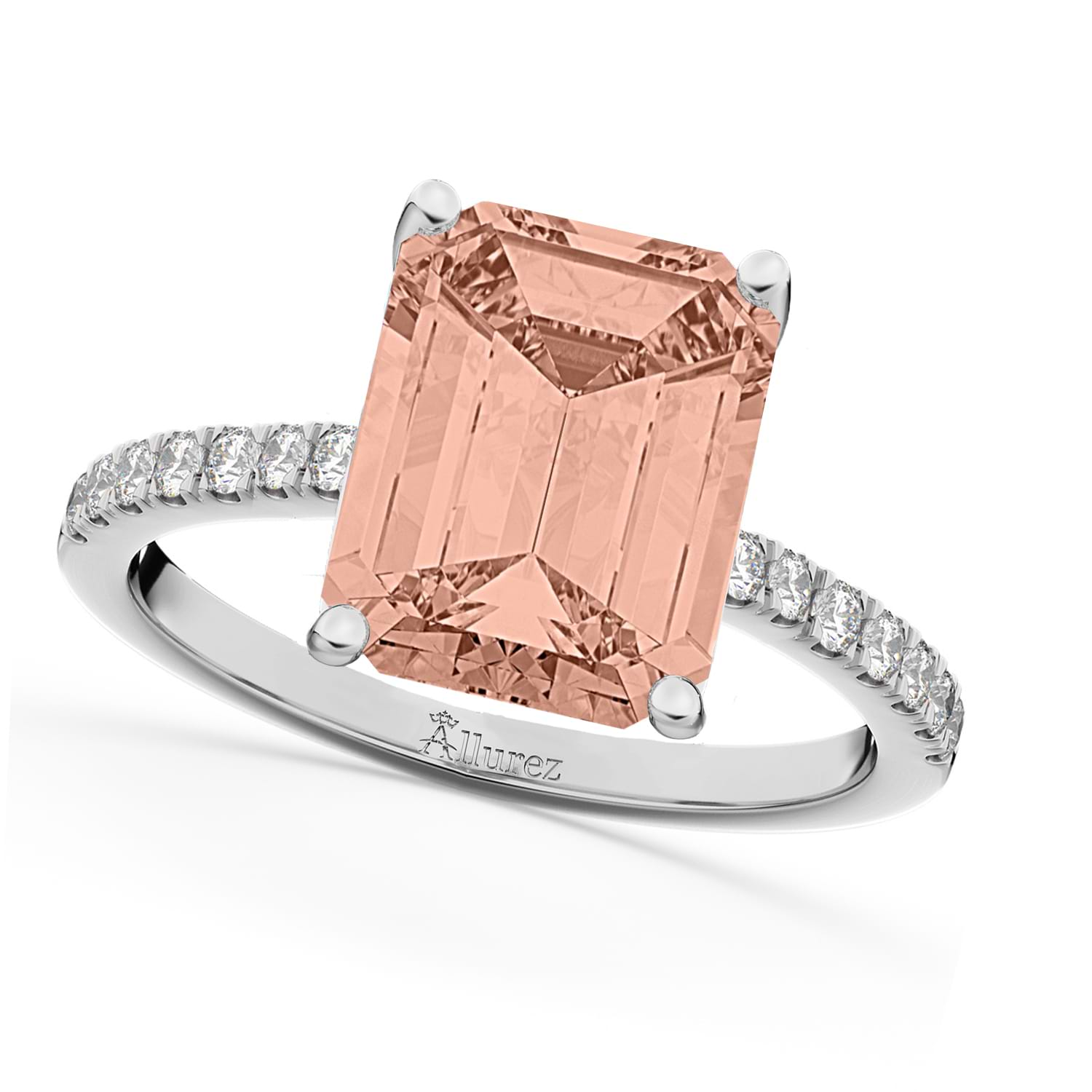 Emerald Cut Morganite & Diamond Engagement Ring 14k White Gold (2.96ct)