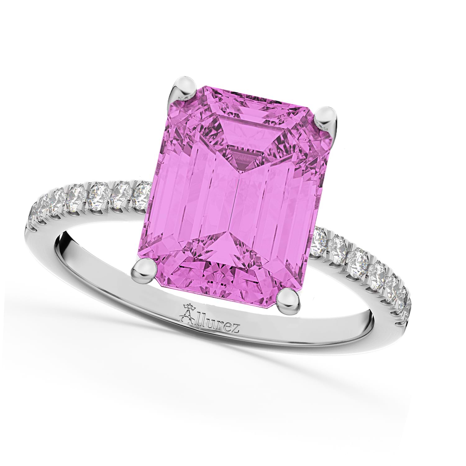 Emerald Cut Pink Sapphire & Diamond Engagement Ring 18k White Gold (2.96ct)