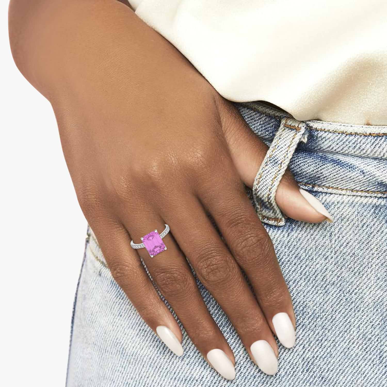 Emerald Cut Pink Sapphire & Diamond Engagement Ring 18k White Gold (2.96ct)