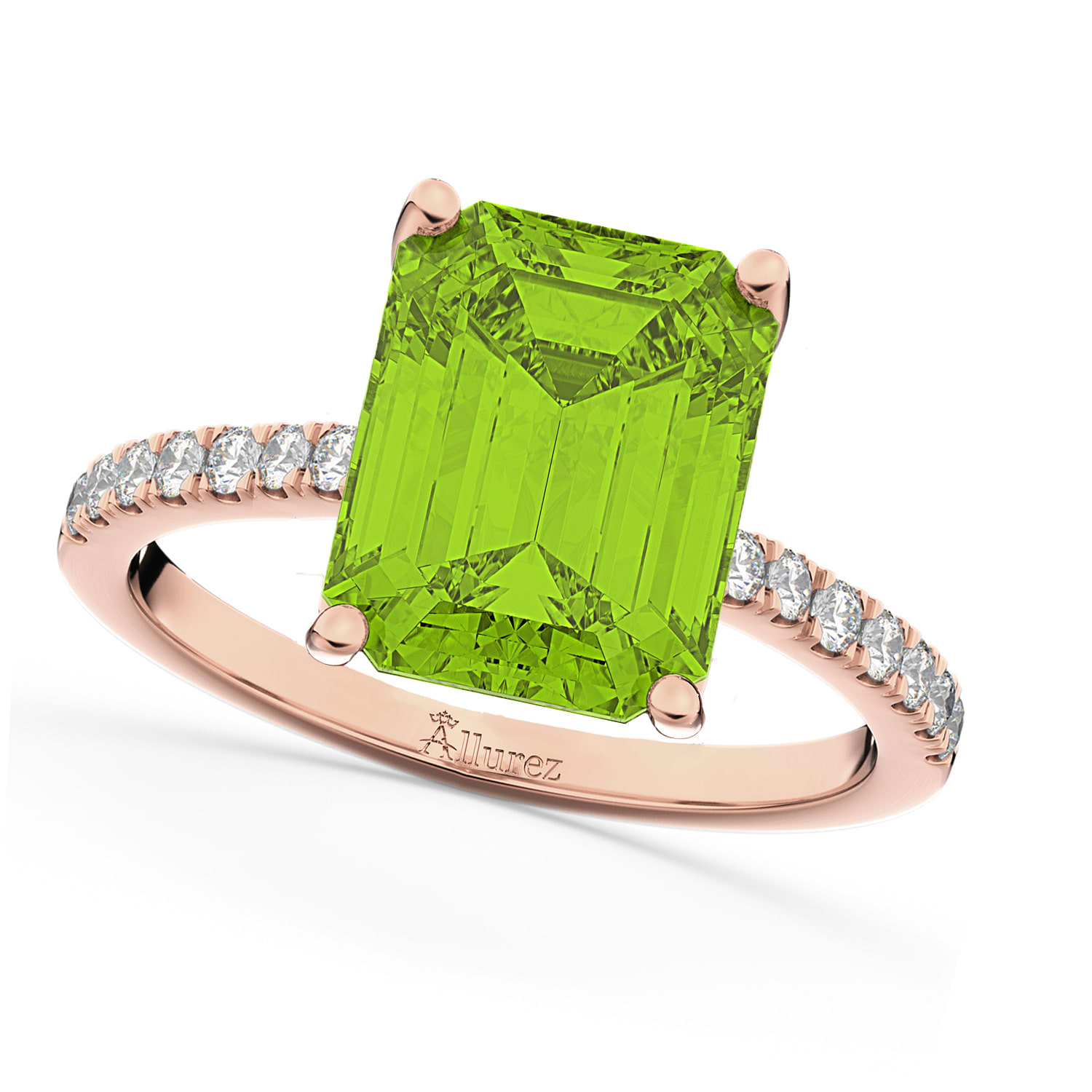 Emerald-Cut Peridot Diamond Engagement Ring 18k Rose Gold (2.96ct)