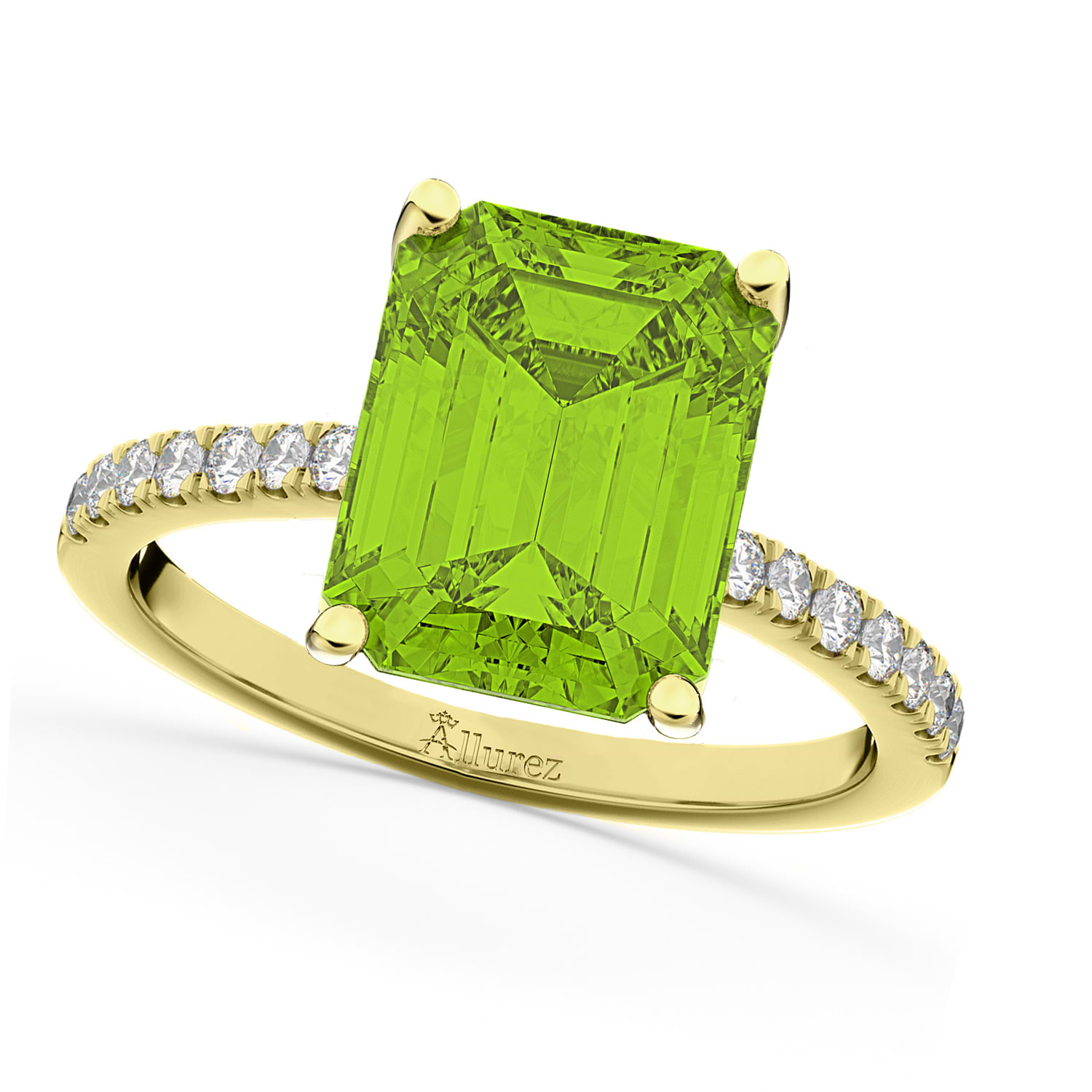 Emerald-Cut Peridot Diamond Engagement Ring 18k Yellow Gold (2.96ct)