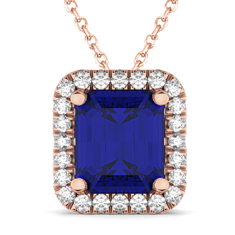 Emerald-Cut Blue Sapphire & Diamond Pendant 14k Rose Gold (3.11ct)