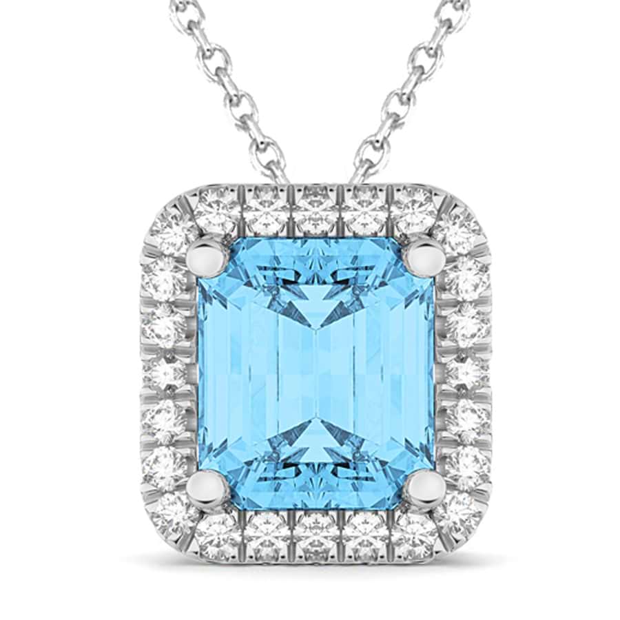 Emerald-Cut Blue Topaz & Diamond Pendant 14k White Gold (3.11ct)