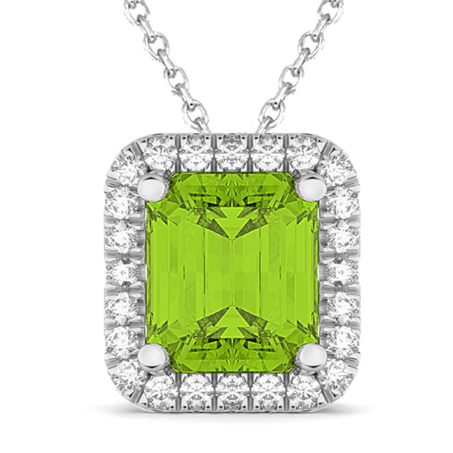 Emerald-Cut Peridot & Diamond Pendant 14k White Gold (3.11ct)