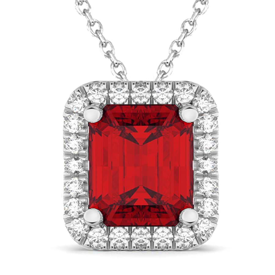 Emerald-Cut Ruby & Diamond Pendant 14k White Gold (3.11ct)