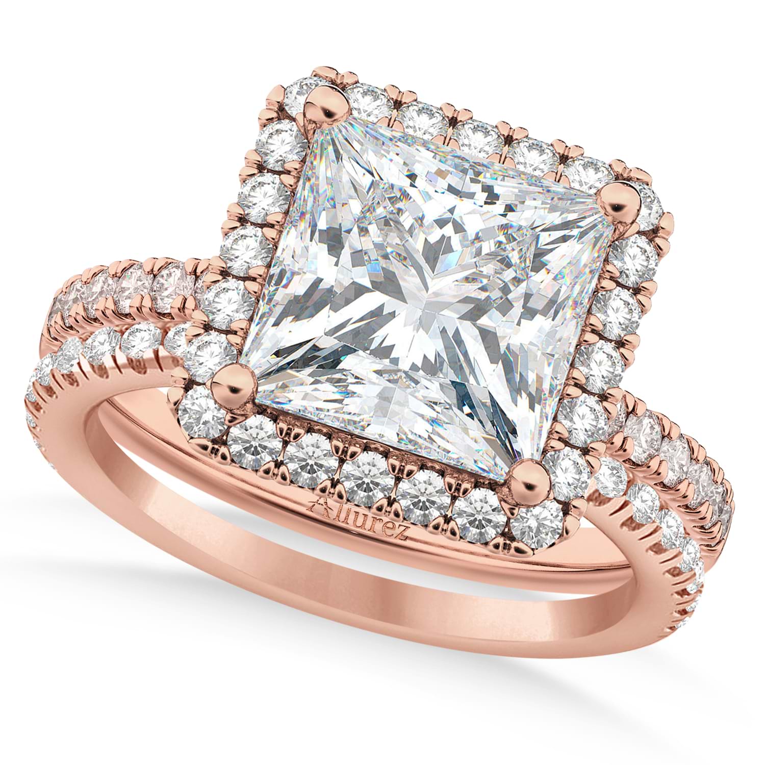 Diamond Princess-Cut Halo Bridal Set 14k Rose Gold (3.85ct)