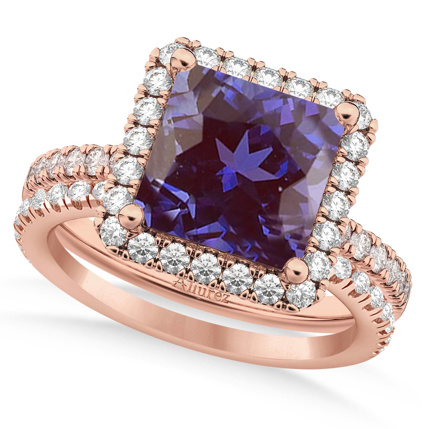 Lab Alexandrite & Diamonds Princess-Cut Halo Bridal Set 14K Rose Gold (3.74ct)