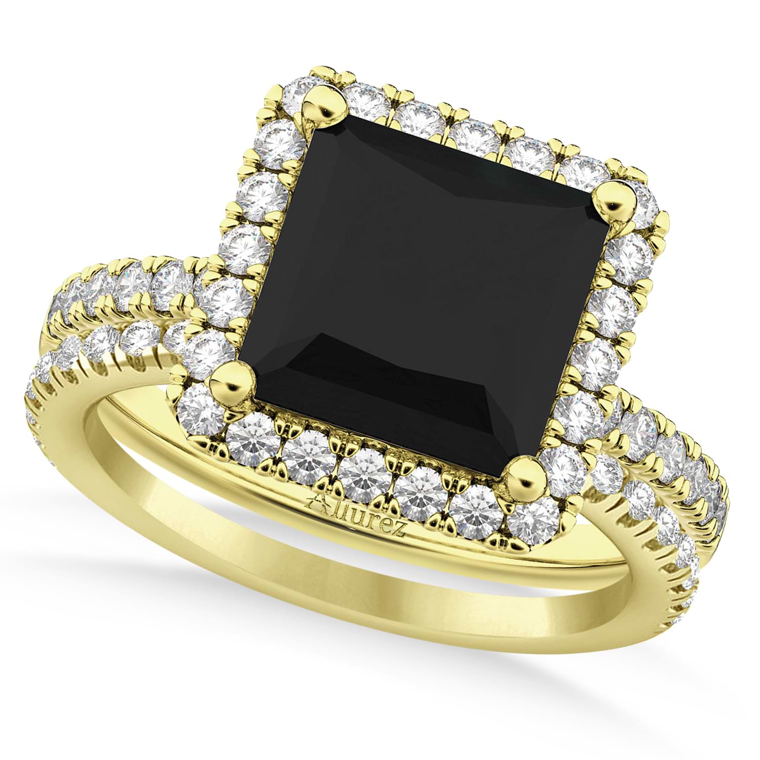 Black & White Diamonds Princess-Cut Halo Bridal Set 14K Yellow Gold (3.85ct)