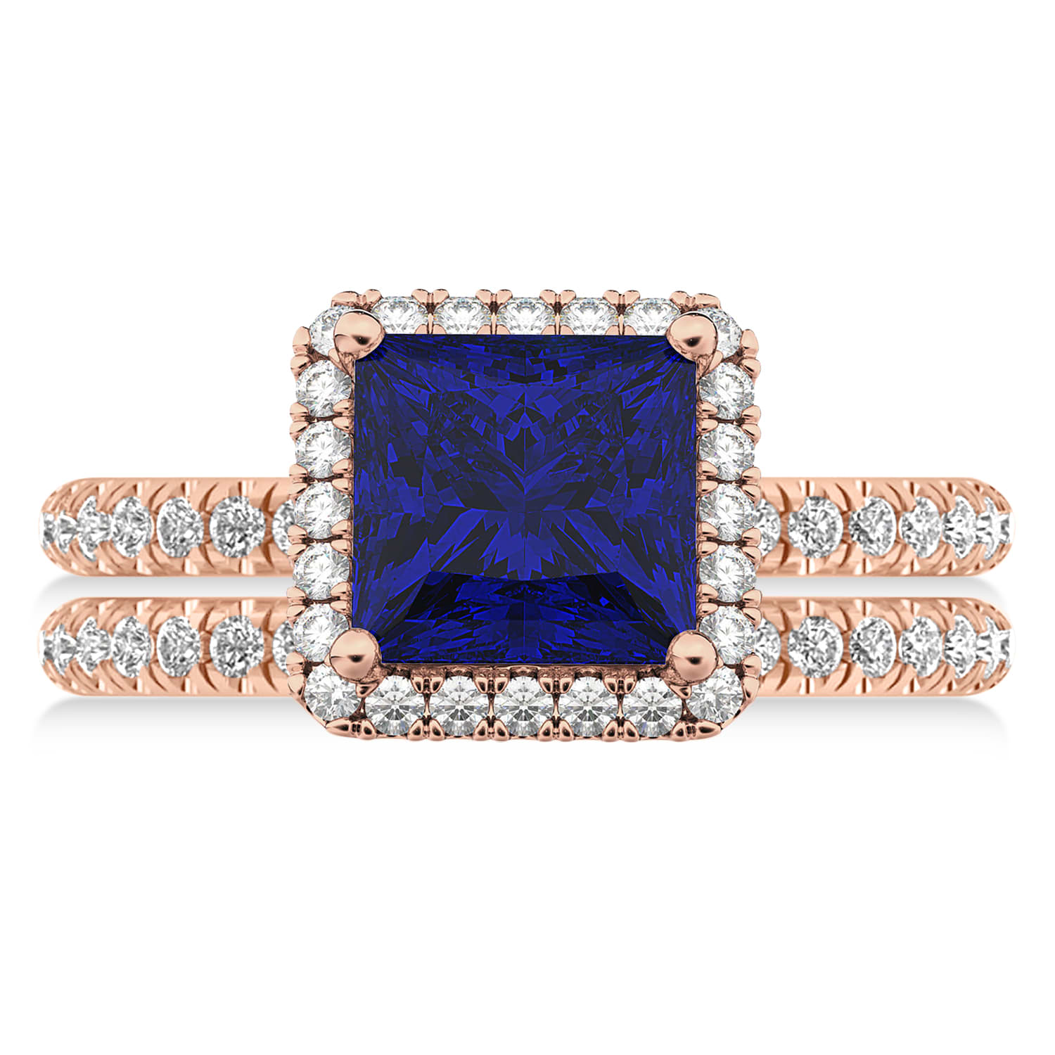 Blue Sapphire & Diamonds Princess-Cut Halo Bridal Set 14K Rose Gold (3.74ct)