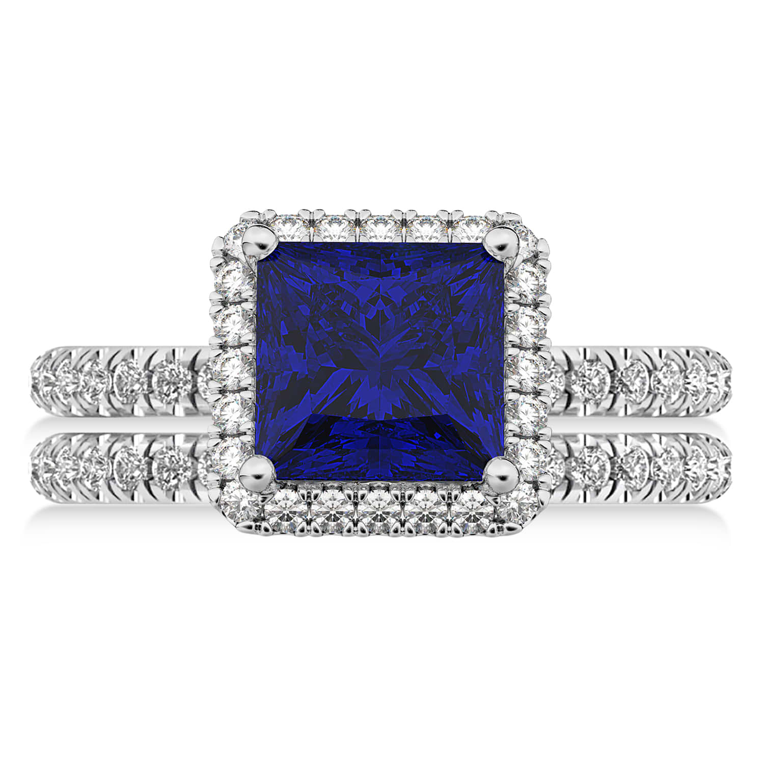Blue Sapphire & Diamonds Princess-Cut Halo Bridal Set 14K White Gold (3.74ct)