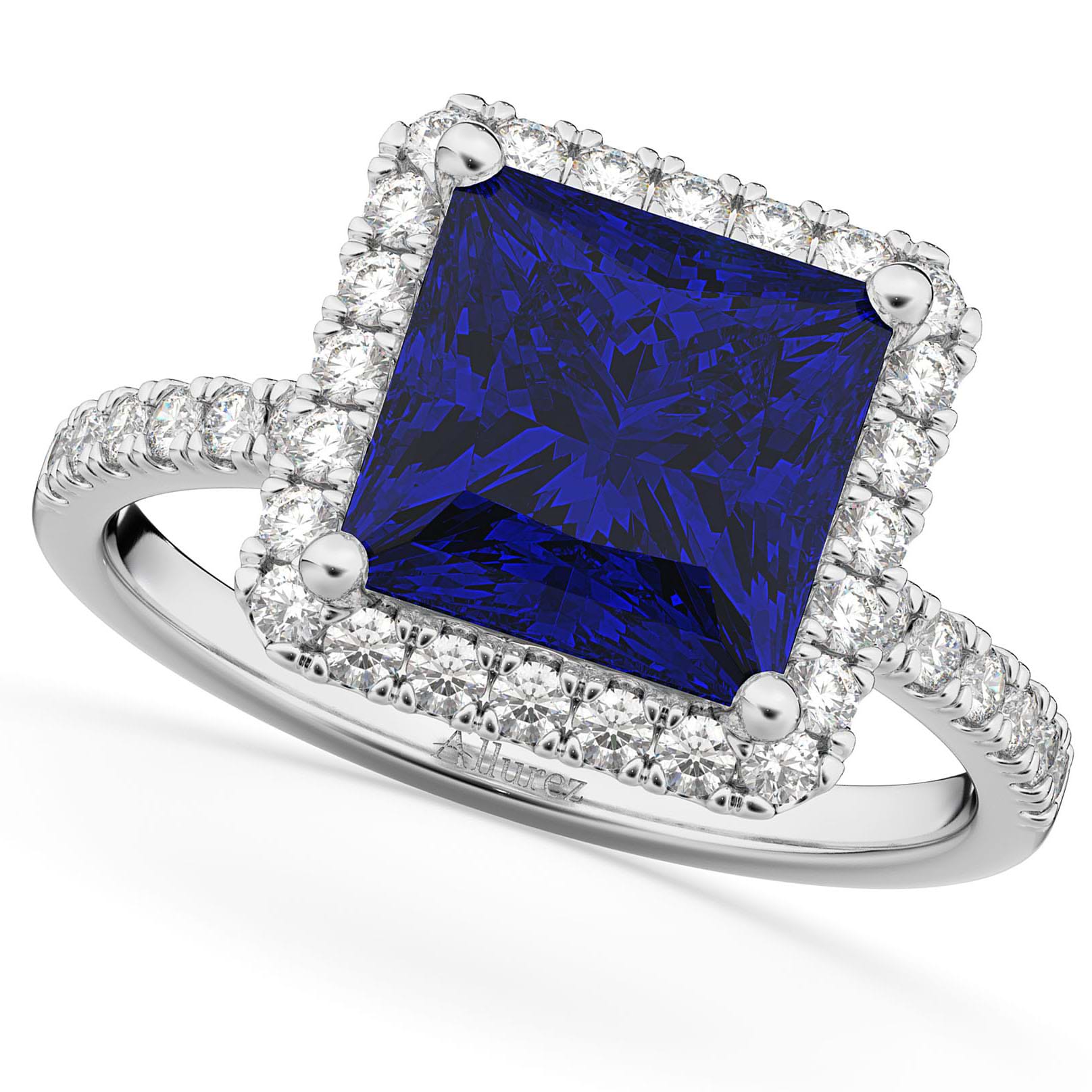 Blue Sapphire & Diamonds Princess-Cut Halo Bridal Set 14K White Gold (3.74ct)