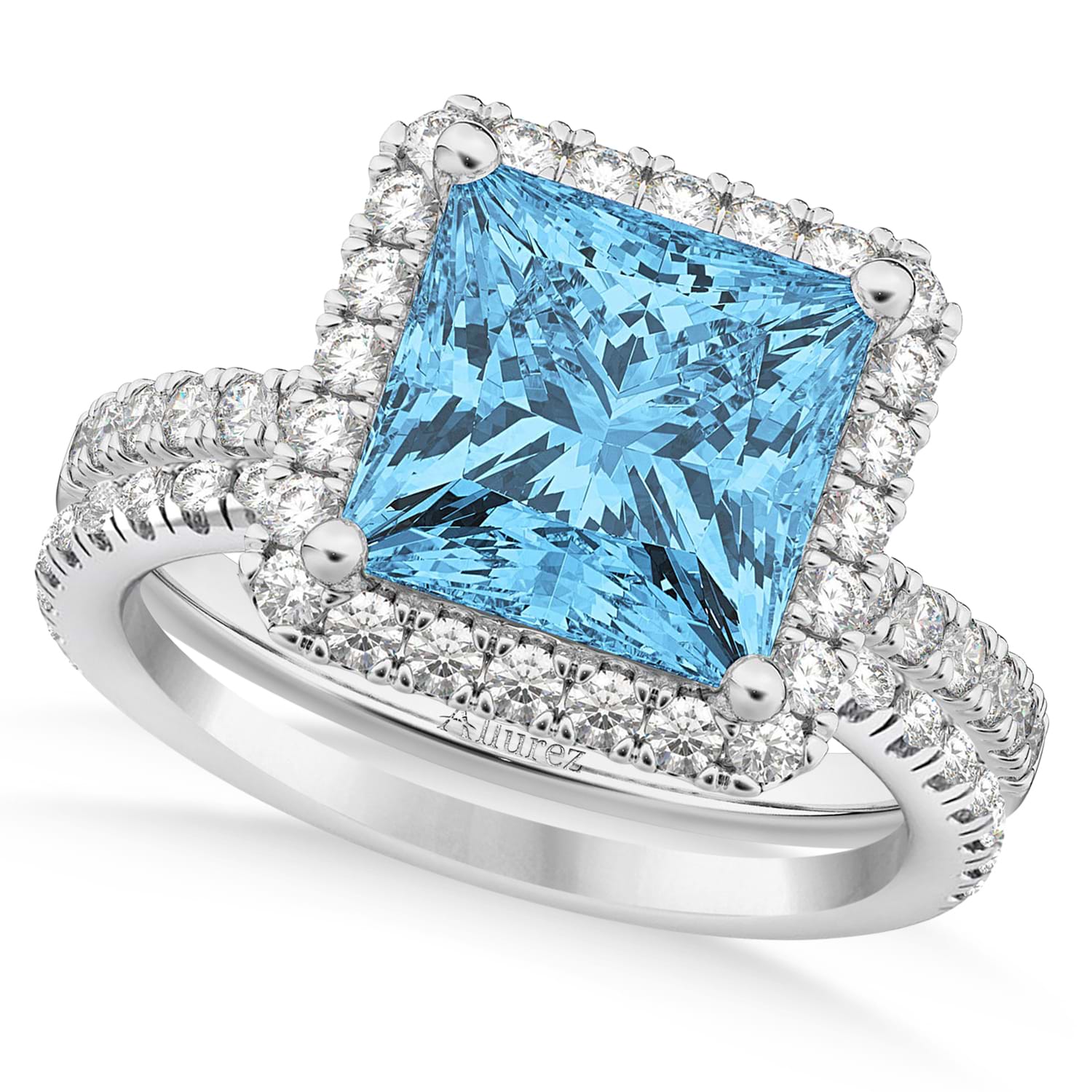 Blue Topaz & Diamonds Princess-Cut Halo Bridal Set 14K White Gold (3.74ct)
