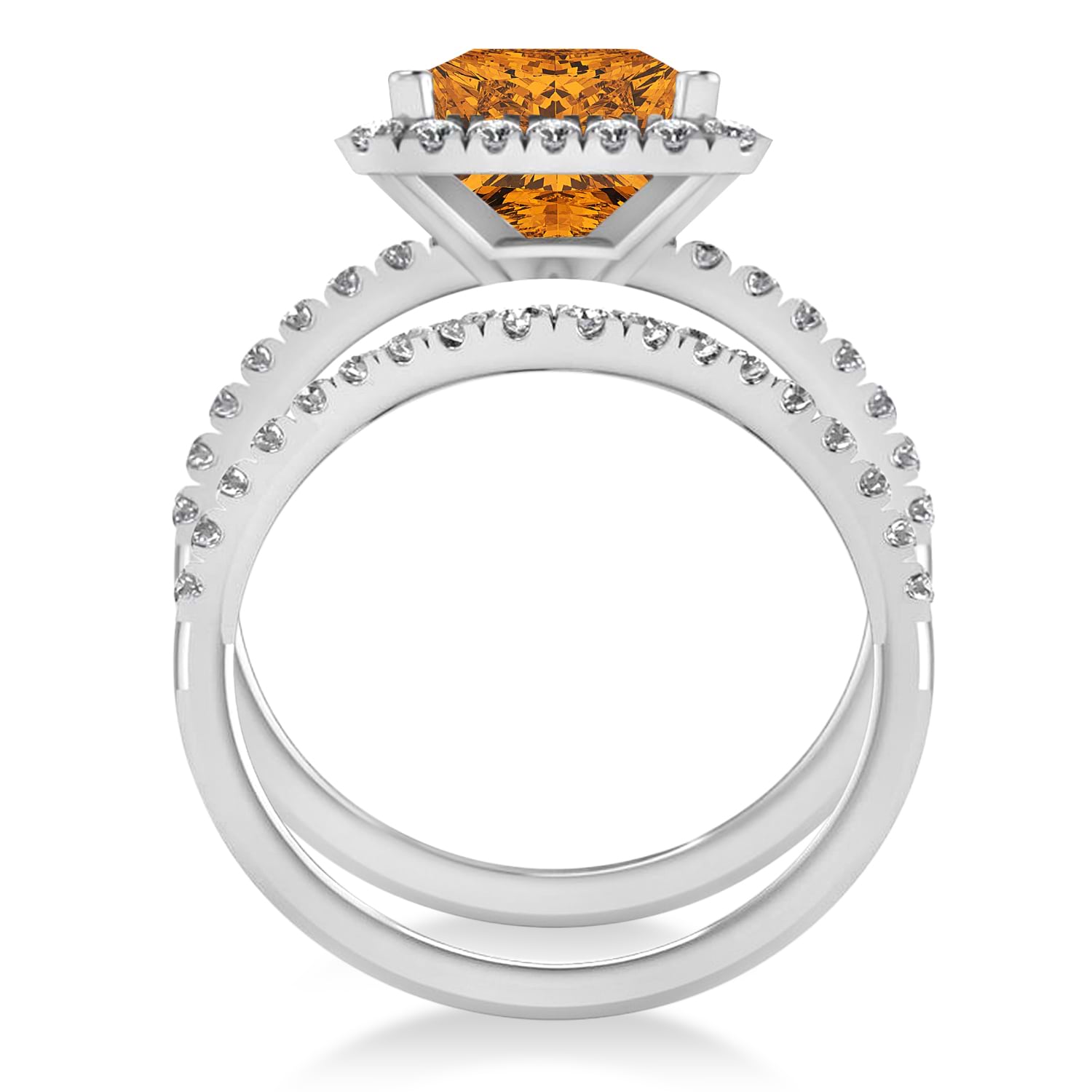 Citrine & Diamonds Princess-Cut Halo Bridal Set 14K White Gold (3.74ct)