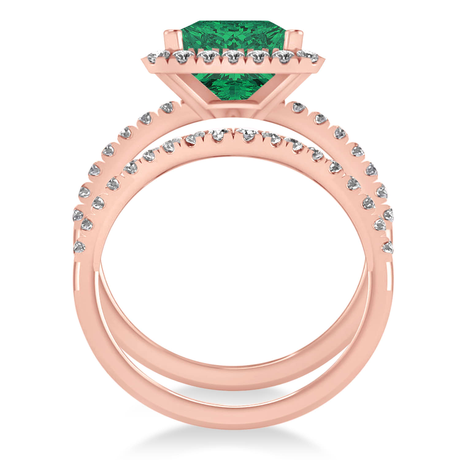 Emerald & Diamonds Princess-Cut Halo Bridal Set 14K Rose Gold (3.84ct)