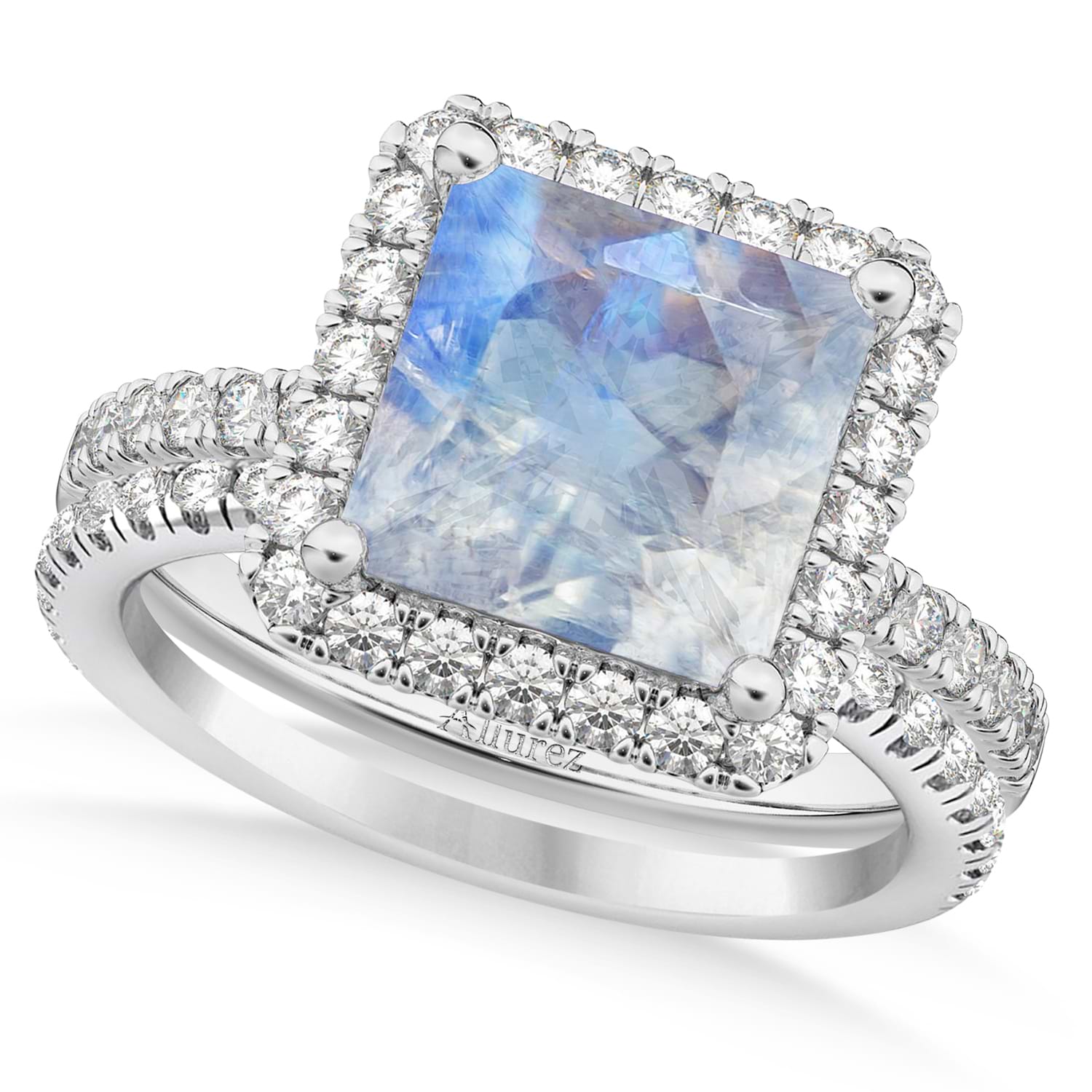 Moonstone & Diamonds Princess-Cut Halo Bridal Set 14K White Gold (3.74ct)