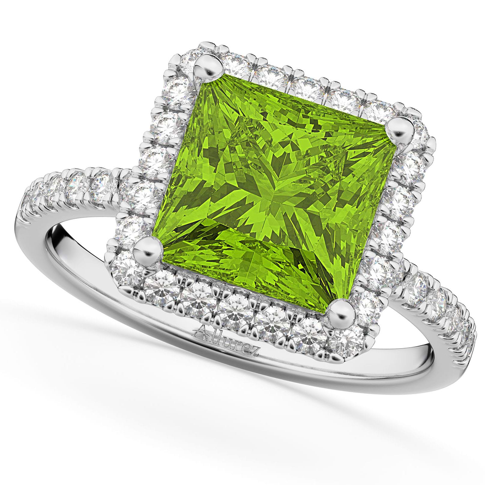 Peridot & Diamonds Princess-Cut Halo Bridal Set 14K White Gold (3.74ct)