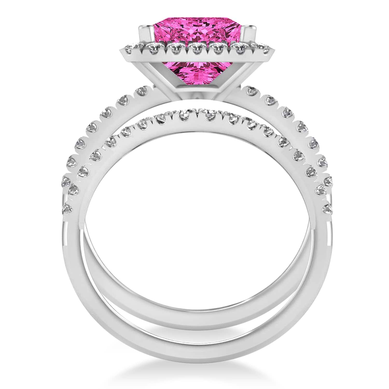 Pink Tourmaline & Diamonds Princess-Cut Halo Bridal Set 14K White Gold (3.74ct)