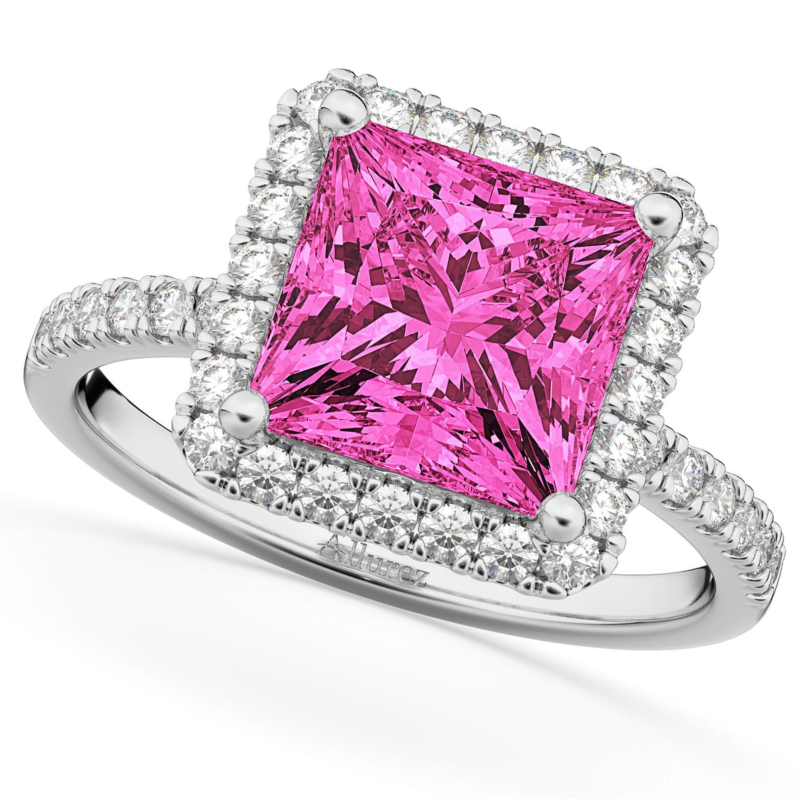 Pink Tourmaline & Diamonds Princess-Cut Halo Bridal Set 14K White Gold (3.74ct)
