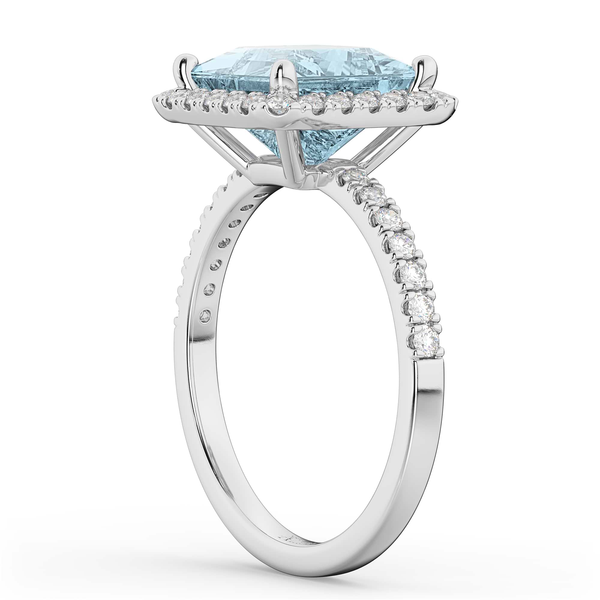 Princess Cut Halo Aquamarine & Diamond Engagement Ring 14K White Gold 3.47ct