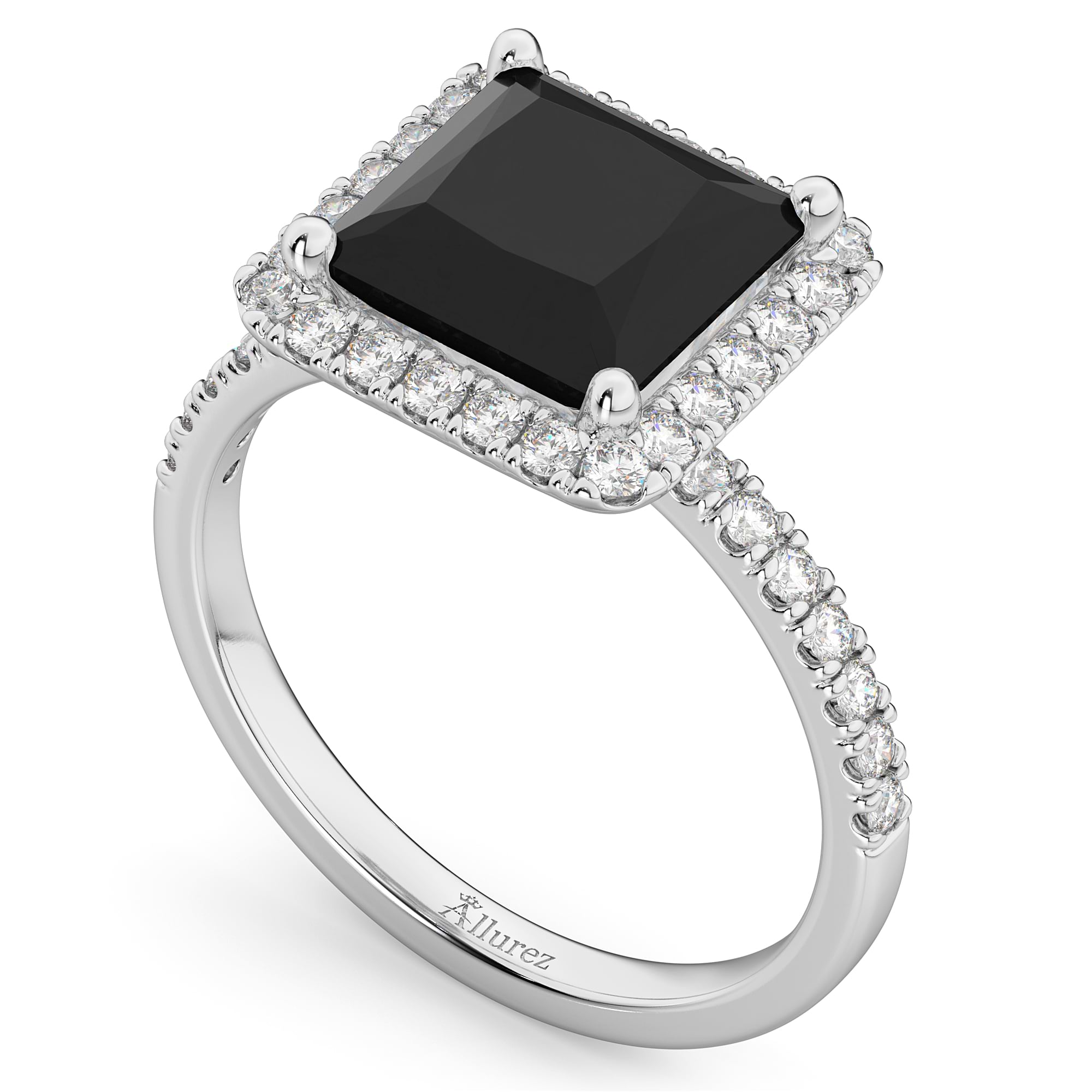 Princess Cut Halo Black Diamond Engagement Ring 14K White Gold (3.58ct)