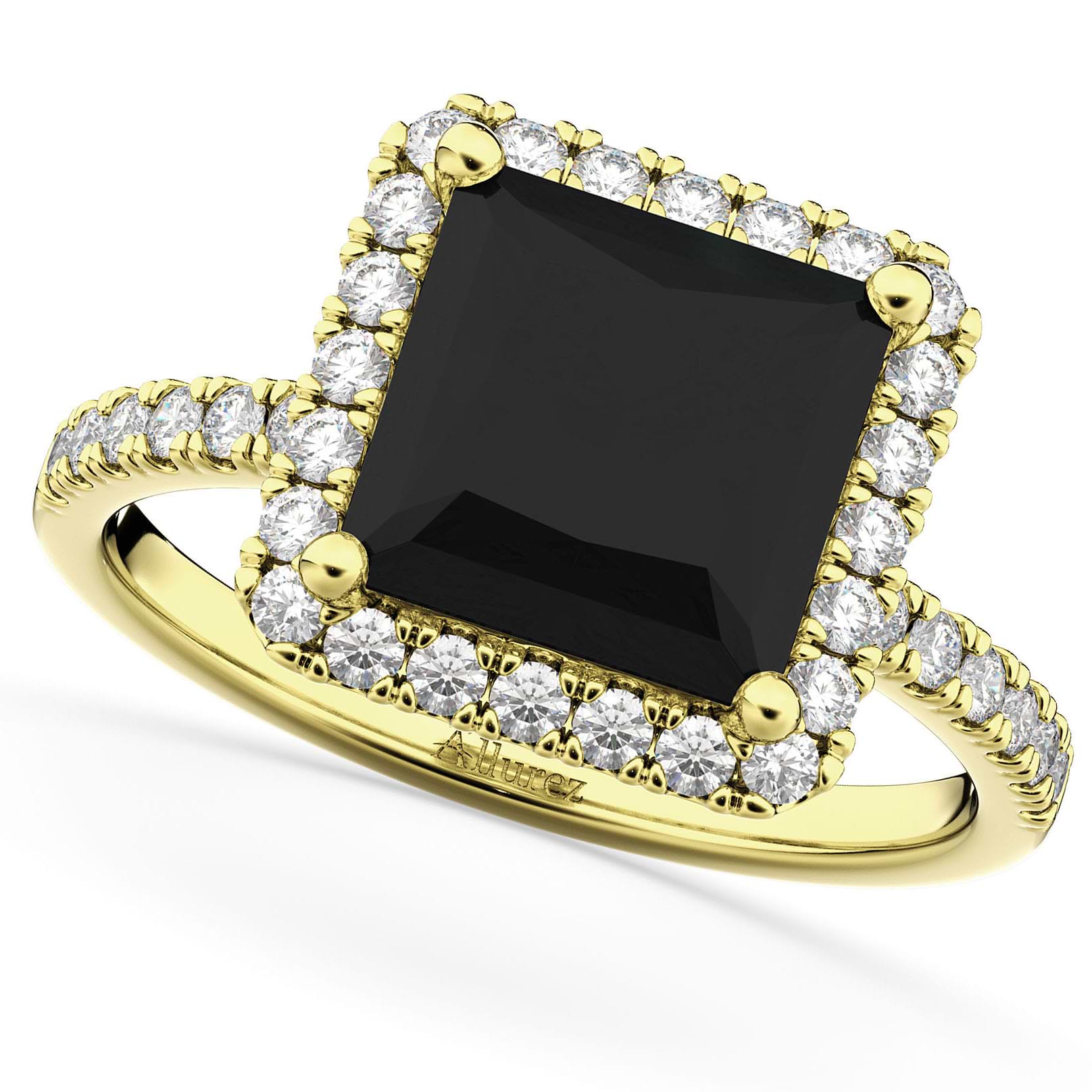Princess Cut Halo Black Diamond Engagement Ring 14K Yellow Gold (3.58ct)