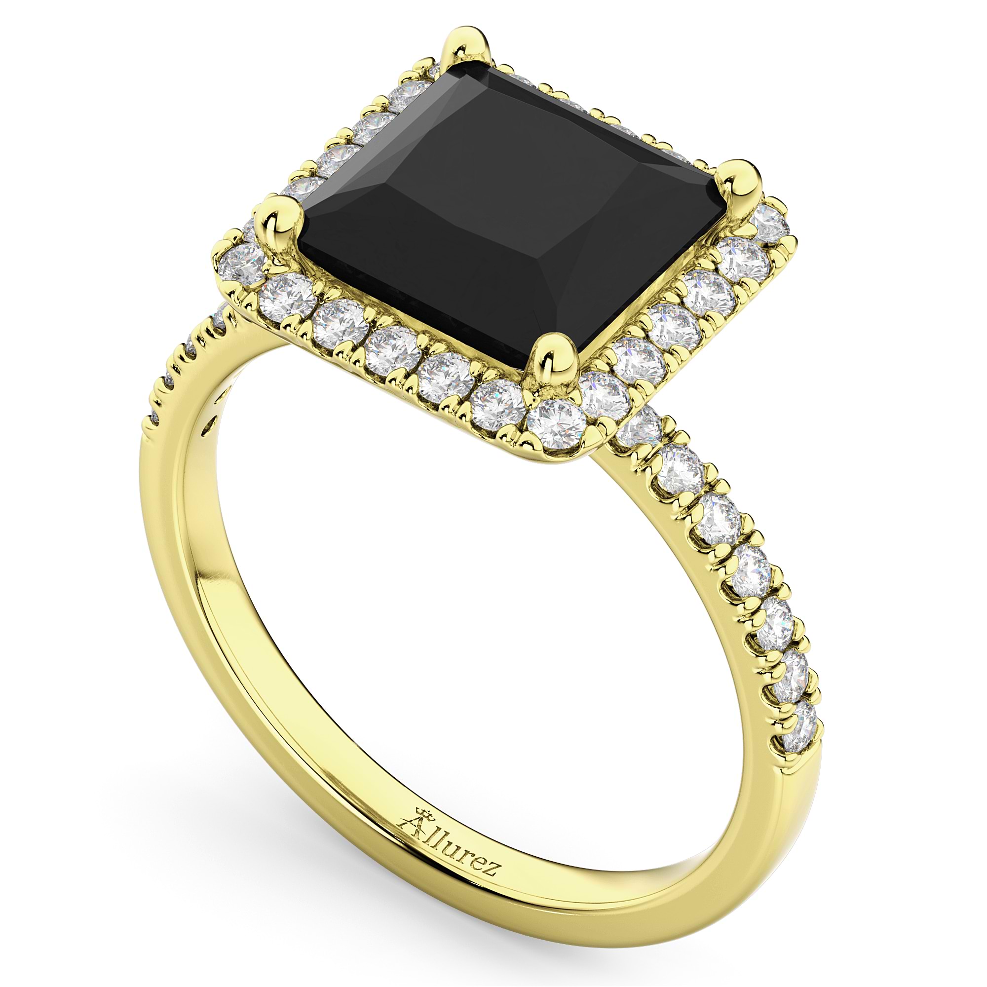 Princess Cut Halo Black Diamond Engagement Ring 14K Yellow Gold (3.58ct)