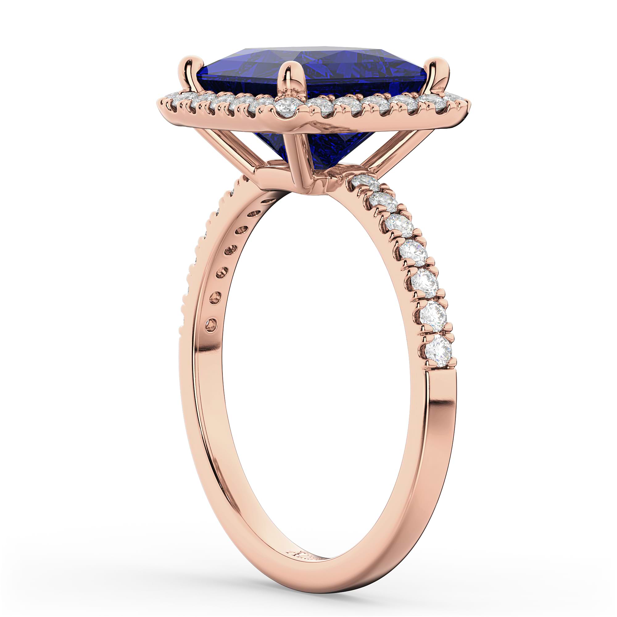 Princess Cut Halo Blue Sapphire & Diamond Engagement Ring 14K Rose Gold 3.47ct