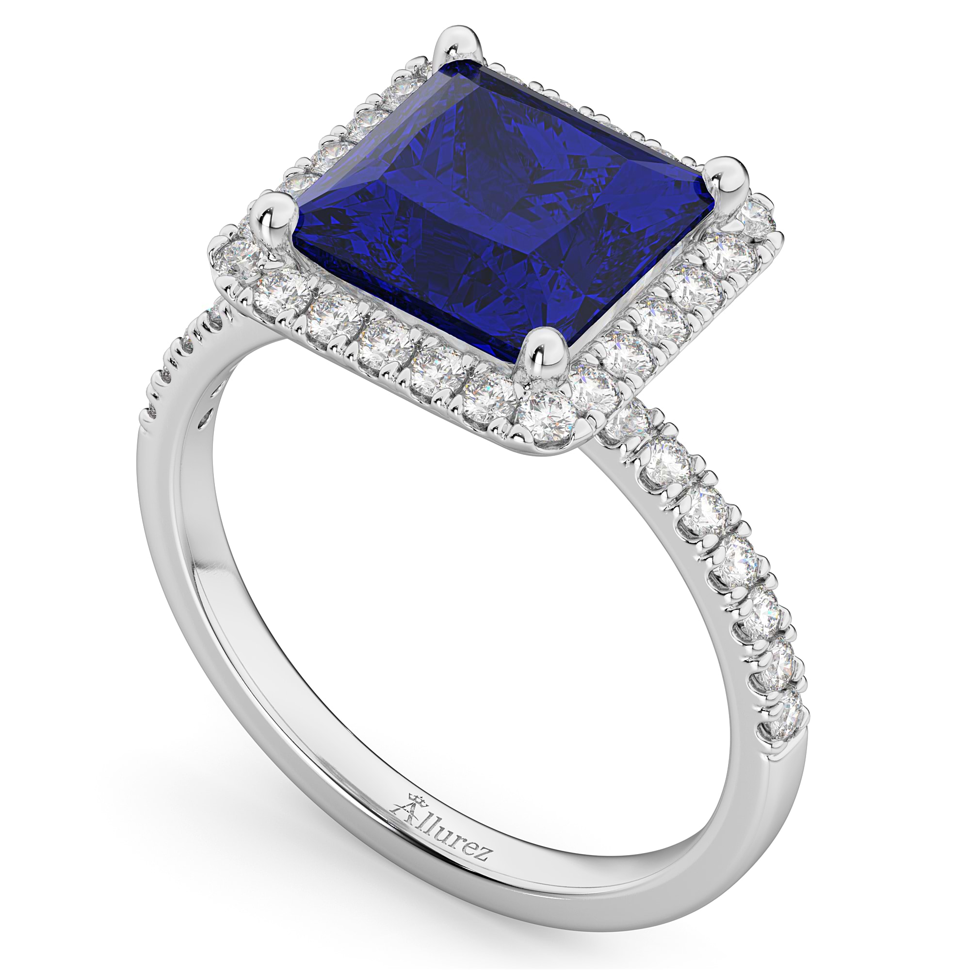 Princess Cut Halo Blue Sapphire & Diamond Engagement Ring 14K White Gold 3.47ct
