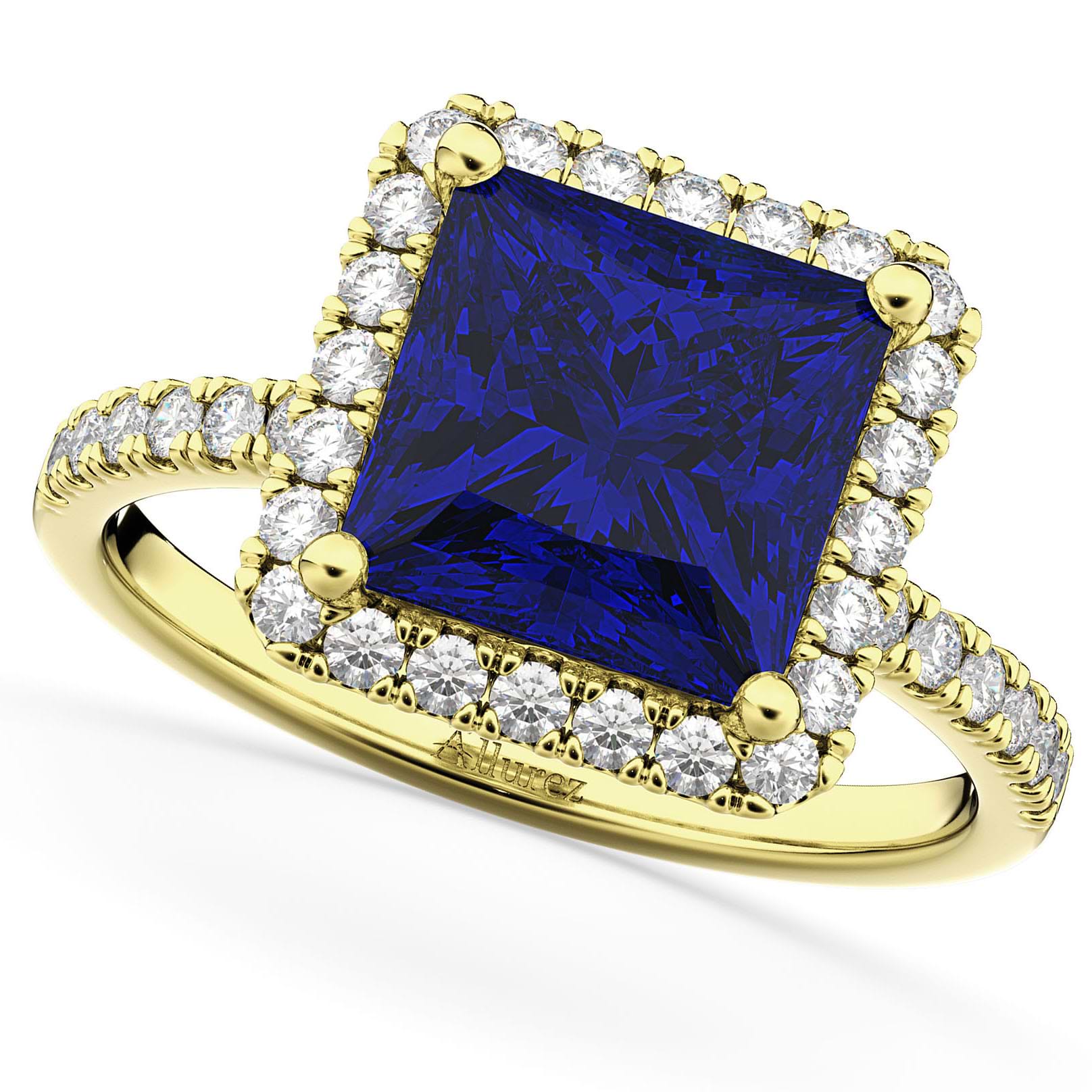 Princess Cut Halo Blue Sapphire & Diamond Engagement Ring 14K Yellow Gold 3.47ct