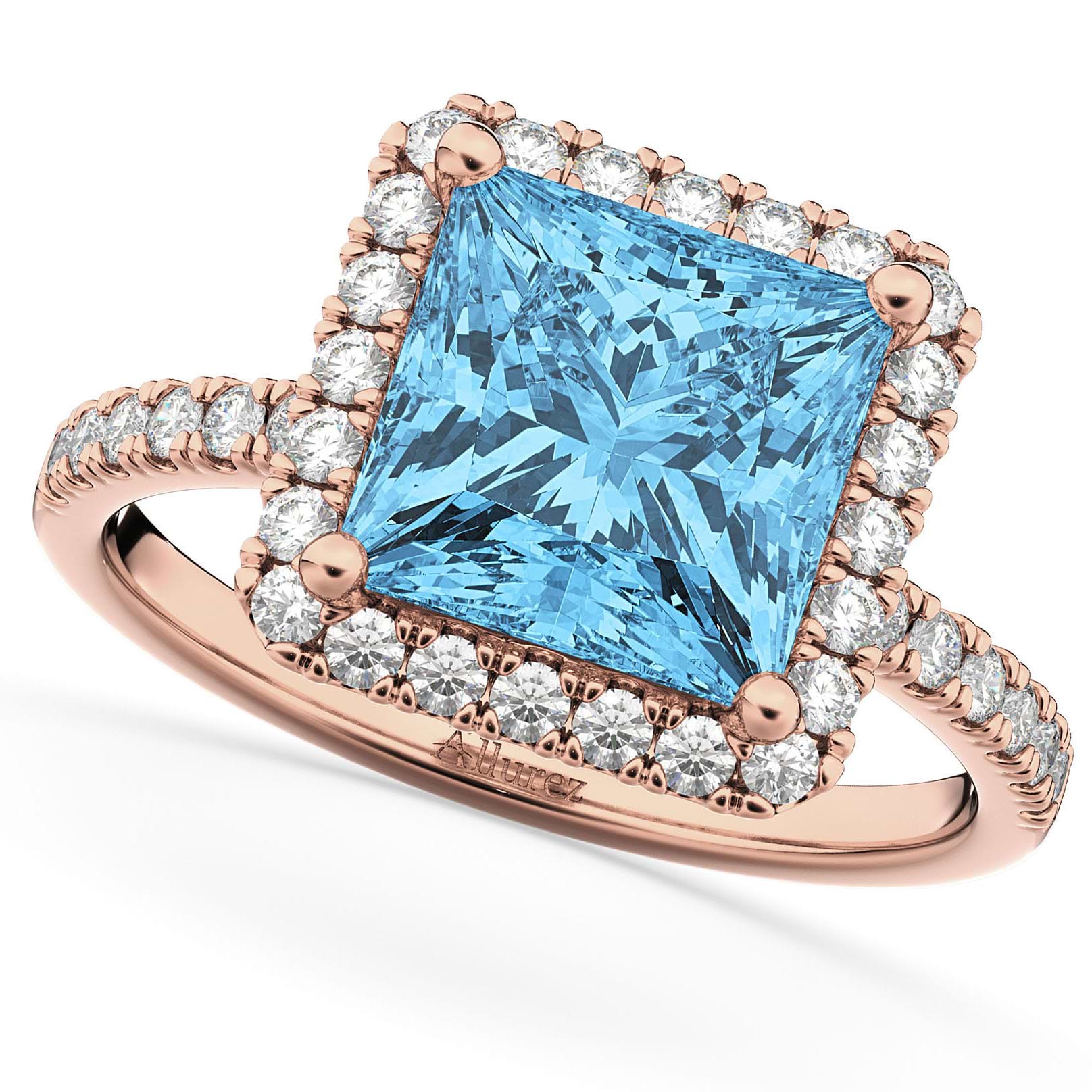 Princess Cut Halo Blue Topaz & Diamond Engagement Ring 14K Rose Gold 3.47ct